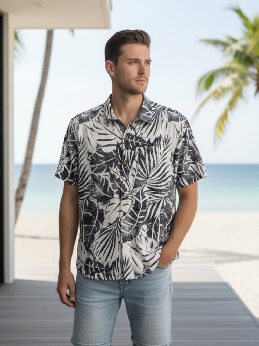 Tommy Bahama L Men's Shirt Hawaiian Black White Silk Floral Short Sleeve